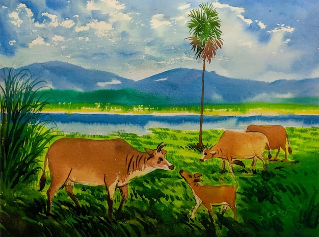 Mountain view with cows eating grass in the field watercolor landscape painting illustration