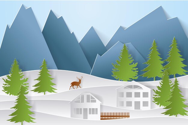 Vector mountain village with paper art style in color. landscape city with people for christmas postcard. vector illustration.