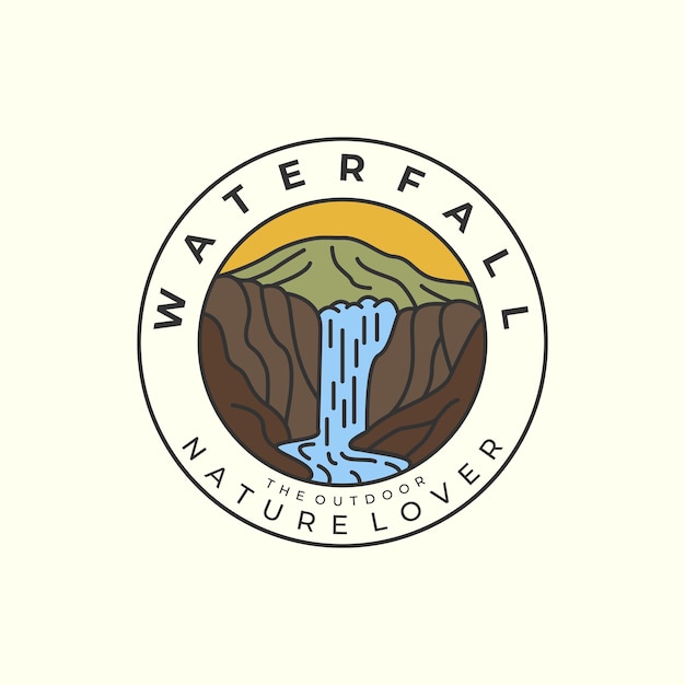 Vector mountain and waterfall with vintage and emblem style logo icon template design nature outdoor vector illustration