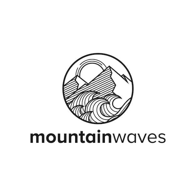 Mountain Wave and Sun Line Art for Vintage Adventure Outdoor Traveling Logo Design