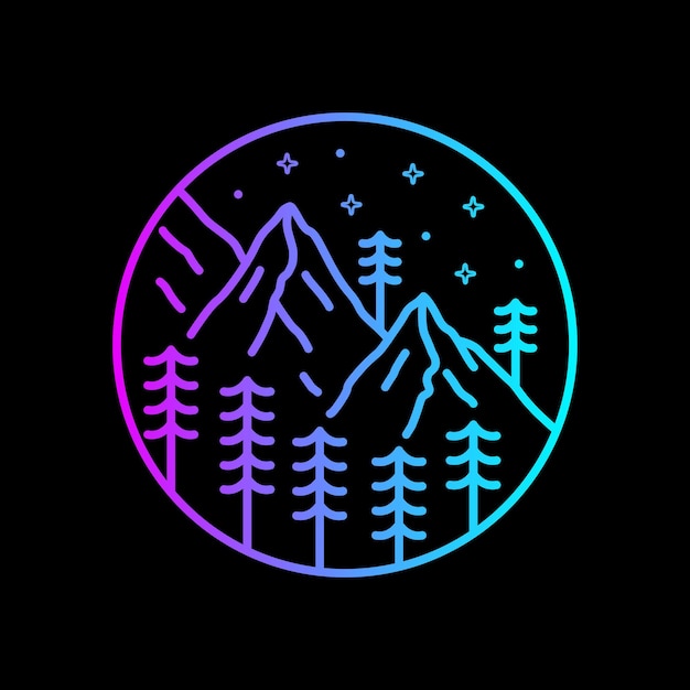 Mountain wildlife nature on night in mono line art for tshirt badge stickeretc