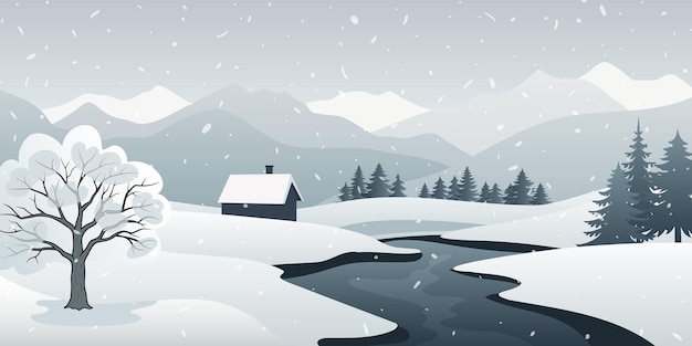 山の冬の風景 漫画 自然の小屋と降雪 雪の流れの中の冬の川