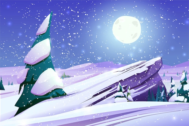 Vettore paesaggio invernale di montagna con alberi innevati, luna e stelle. notte di neve. illustrazione del fumetto vettoriale