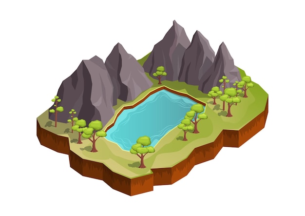 Vettore montagna con lago e alberi