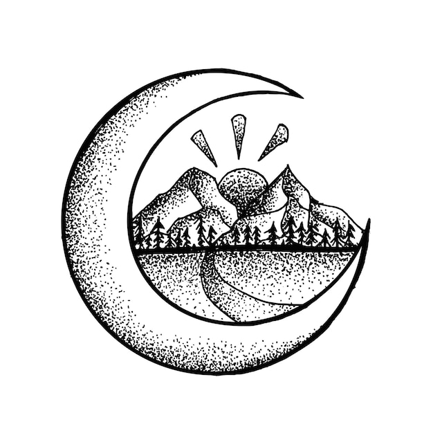 Vector mountain with moon hand drawn illustration