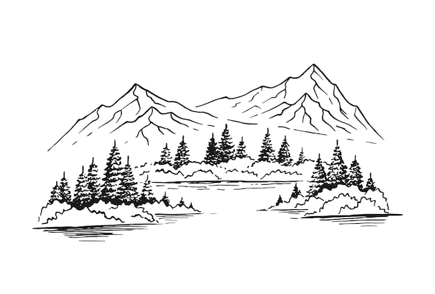 Mountain with pine trees and lake landscape Hand drawn illustration converted to vector