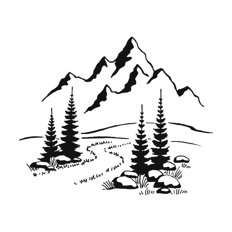 Vector mountain with pine trees and landscape black on white background. hand drawn rocky peaks in sketch style. vector illustration.