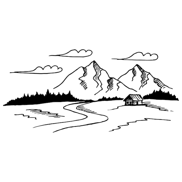 Mountain with pine trees and landscape black on white background. Hand drawn rocky peaks in sketch style. Vector illustration.