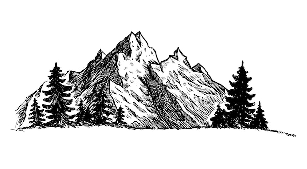 Mountain with pine trees and landscape black on white background hand drawn rocky peaks