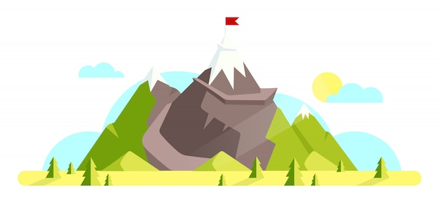 Mountain with red flag on top cartoon illustration