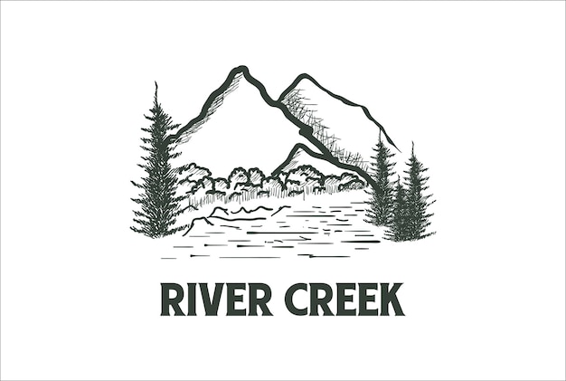 Montagna con fiume creek e pino sempreverde conifera abete cipresso larici foresta logo design vector