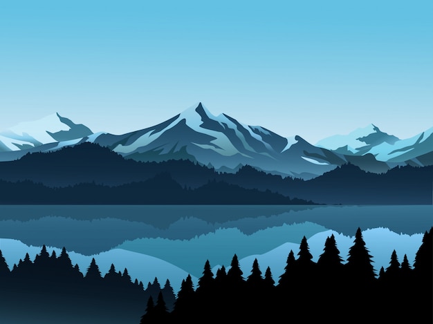 Vector mountain with snow, lake and pine forest