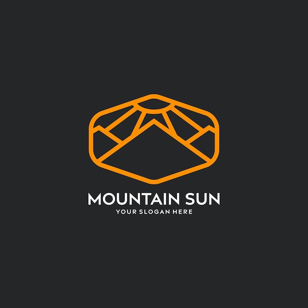 Mountain with sun line art logo design