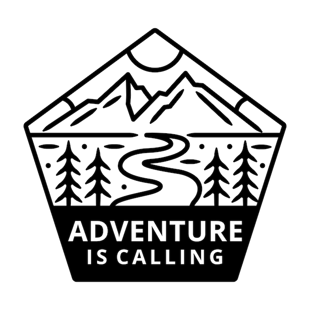 Montagna con sun monoline, adventure label, badge design.