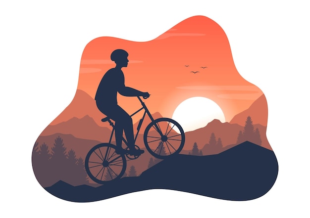 Mountainbiken illustratie met fietsen door de bergen voor sport in silhouet hand getrokken