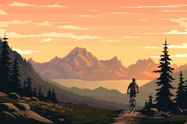 Mountainbiken platte landscap vector kunst illustratie retro vintage poster