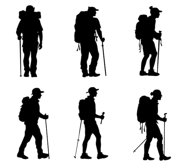 Vettore collezione di silhouette vettoriali di alpinisti, alpinisti e escursionisti