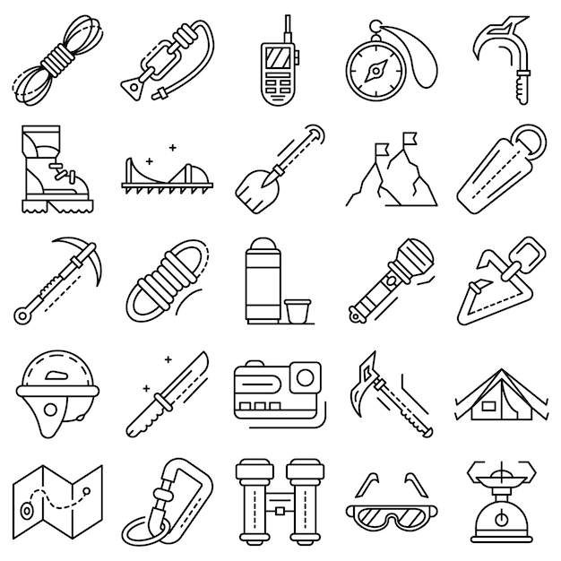 Mountaineering equipment icon set. outline set of mountaineering equipment vector icons