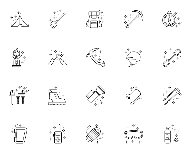 Mountaineering equipment outline set of icons