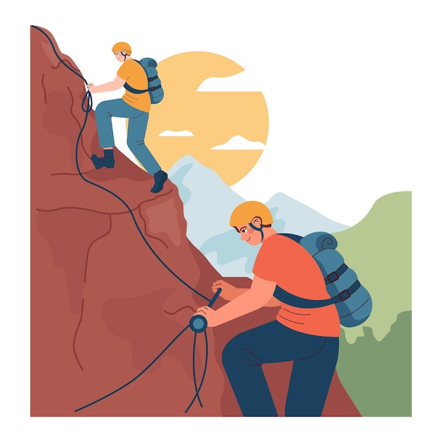 Vector mountaineering mountain climbers with backpacks during nature