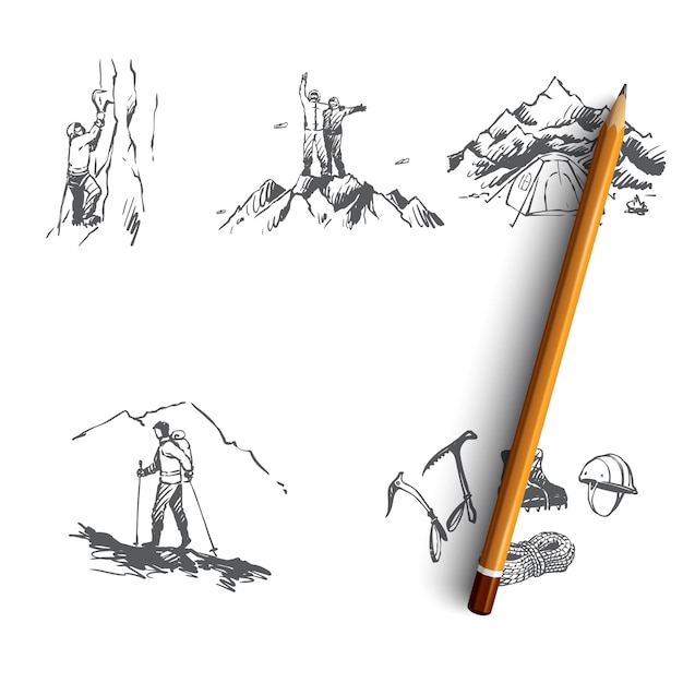 Mountaineering sportsmen climbing mountains, camping and special equipment illustration