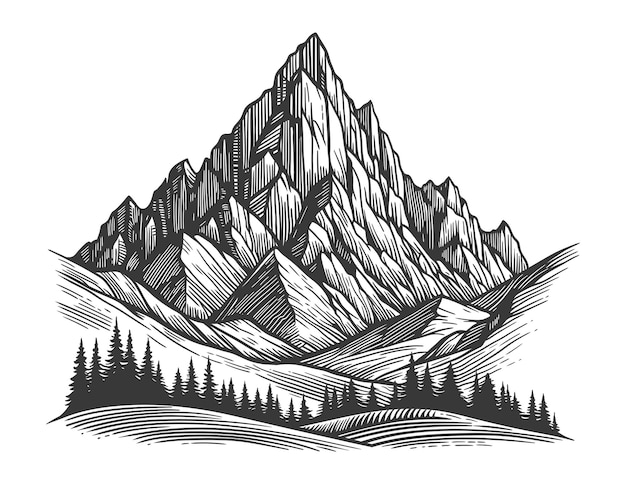 Горы и лес в стиле гравюры векторная иллюстрация
