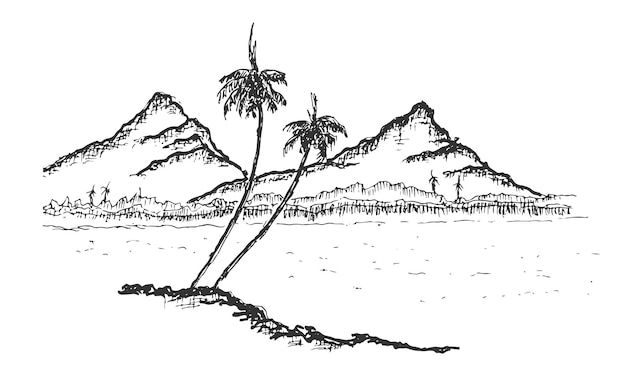 Vector mountains beach landscape with palm trees vintage hand drawn illustration
