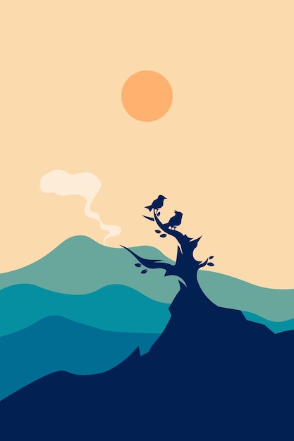mountains and birds