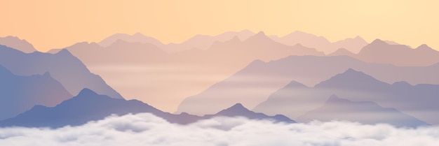 Vector mountains above the clouds panoramic view of the ridges in the morning light sunrise