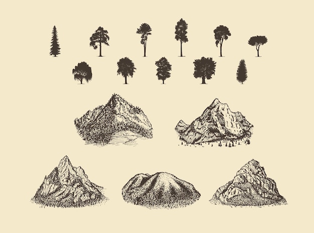 Vector mountains of different shapes silhouettes of different trees hand drawn illustrations collection