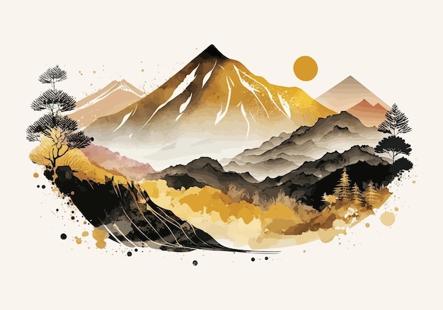 Mountains and forest in autumn season Japanese style Vector illustration