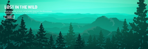 Vector mountains and forest header wild nature landscape travel and adventure panorama into the woods