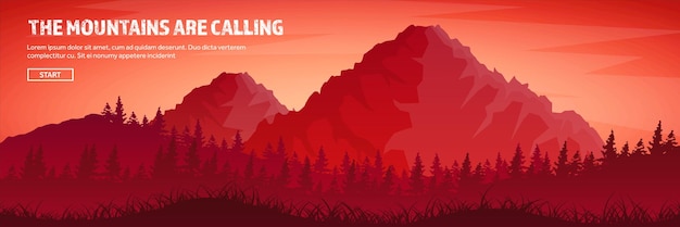 Vector mountains and forest header wild nature landscape travel and adventure panorama into the woods