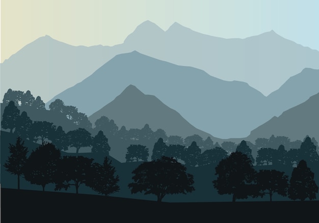 Vector mountains and forest landscape early in a daylight.