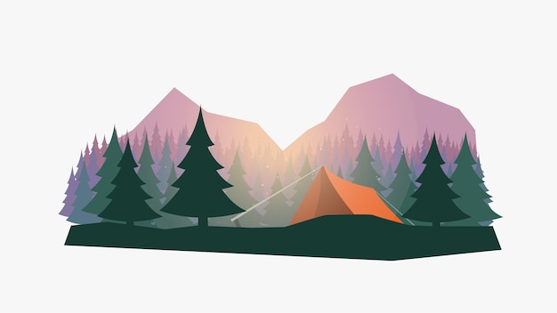 Vector a mountains forest tourism silhouettes orange tent