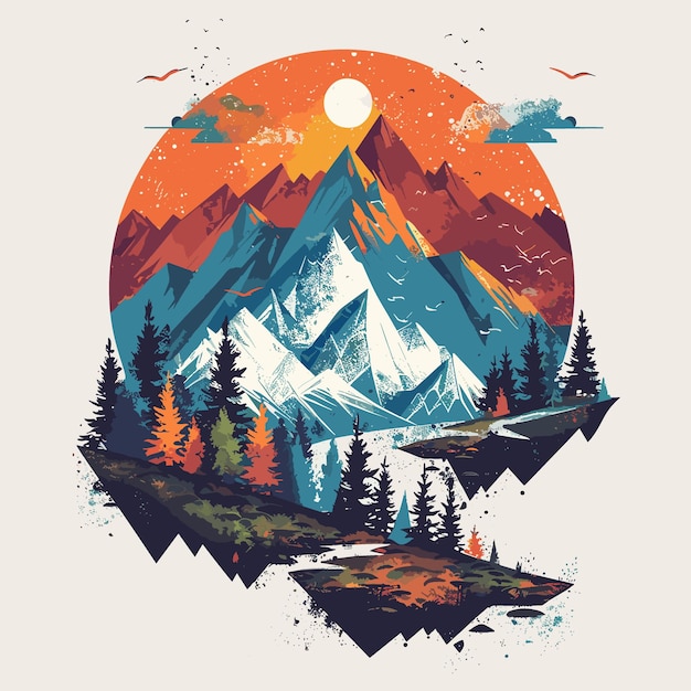 山と森 ベクトルイラスト ポスターカードのTシャツのデザイン