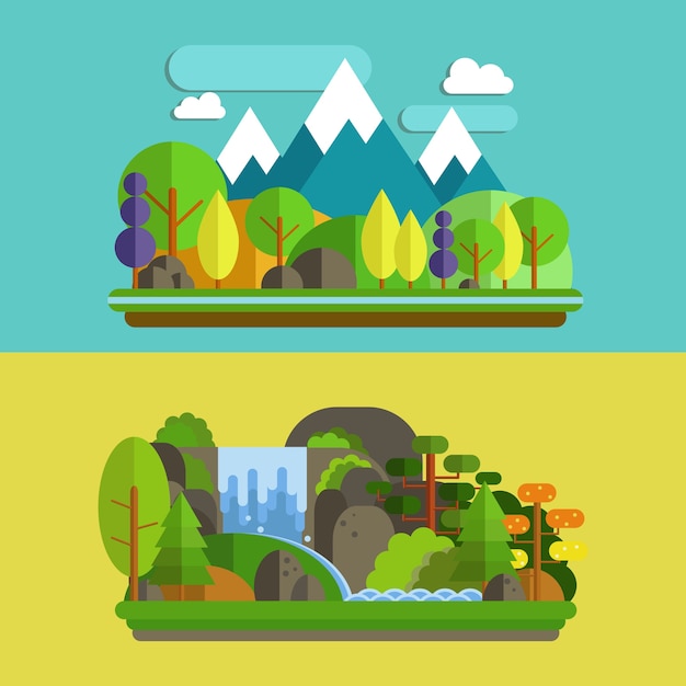 Mountains, Forest and Waterfall in Flat Style Design Vector Illustration