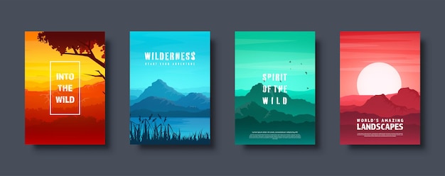 Vector mountains and forest wild nature landscape travel and adventure panorama into the woods horizon line