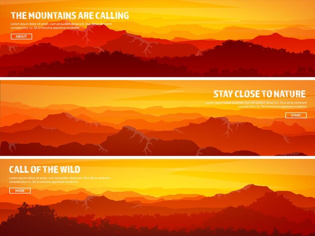 Vector mountains and forest wild nature landscape travel and adventure panorama into the woods horizon line