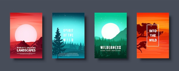 Vector mountains and forest wild nature landscape travel and adventure panorama into the woods horizon line
