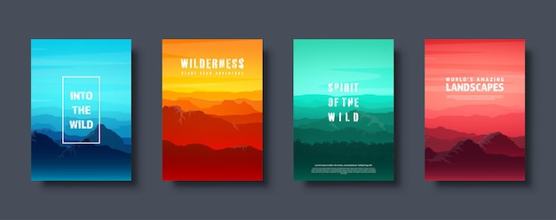 Vector mountains and forest wild nature landscape travel and adventure panorama into the woods horizon line