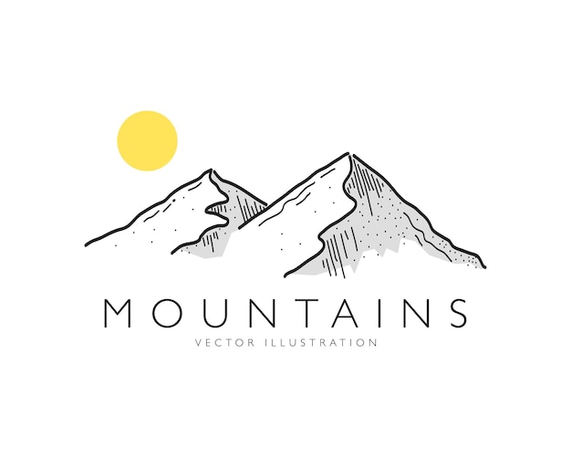 Mountains hand drawn rocky peaks with color shadow and sun vector illustration