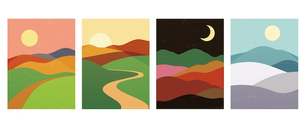 Mountains hills with sunset sunrise night Abstract minimalistic landscape nature backgrounds