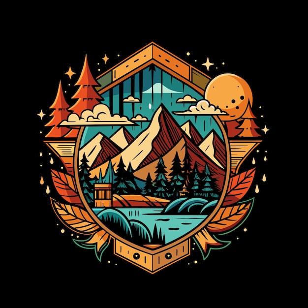 Mountains lake forest nature emblem in retro style tshirt print design