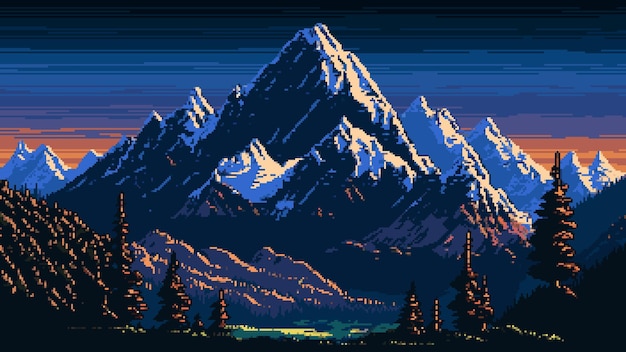 Горный пейзаж AI сгенерировал 8-битную пиксельную игровую сцену со снежным горным хребтом и лесным векторным фоном природы Весенняя долина с соснами и елями зеленая трава луг и утреннее восходное небо