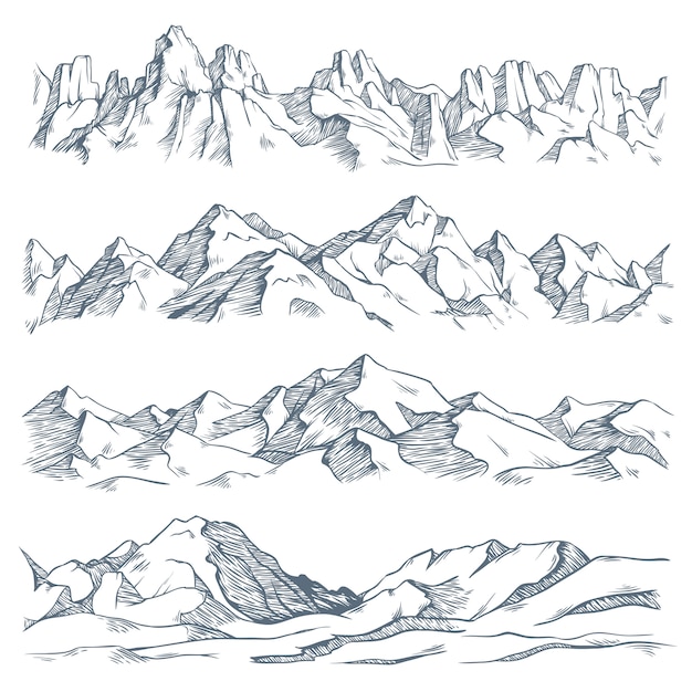 Incisione del paesaggio delle montagne. schizzo disegnato a mano d'annata di escursionismo o di arrampicata sulla montagna. illustrazione di altopiani della natura