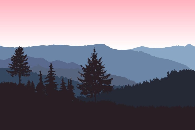 Vector mountains landscape silhouette of coniferous trees evening blue and pink shades