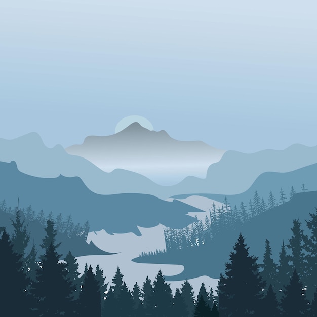 Illustrazione di riserva del paesaggio delle montagne. alberi di pino mattutino e montagne.