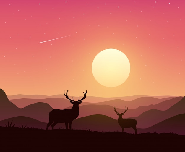 Mountains landscape with two deers on sunset