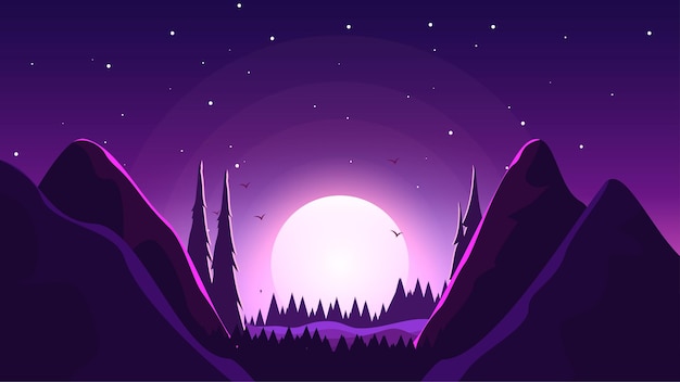 Vector mountains and nature silhouette with the night sky, moon, trees vector forest illustration